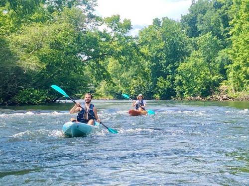 Two people kayaking on a river surrounded by lush green trees under a bright blue sky.
