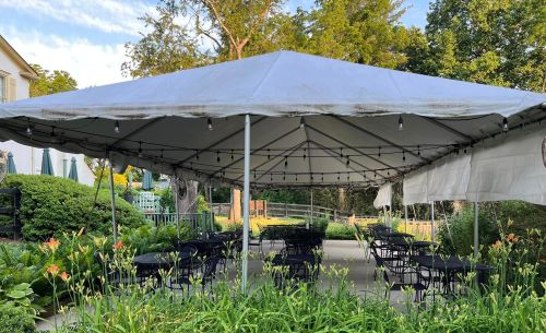 A large tent with string lights set up in a garden, surrounded by greenery and empty chairs arranged underneath.