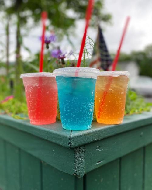 Three colorful drinks in clear cups with straws, sitting on a green planter surrounded by flowers.
