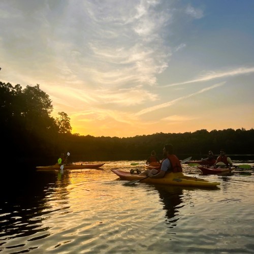 Kayakers on a calm lake at sunset, surrounded by trees and a colorful sky.