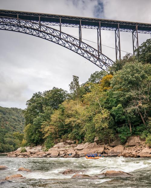 A group of people in a raft navigating rapids beneath a large bridge surrounded by lush greenery.