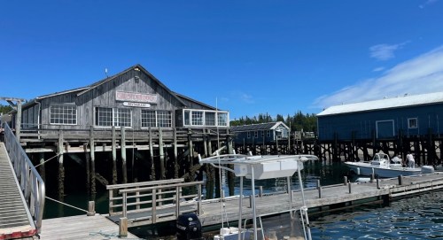 A wooden pier with boats docked, leading to a rustic building by the water under a clear blue sky.