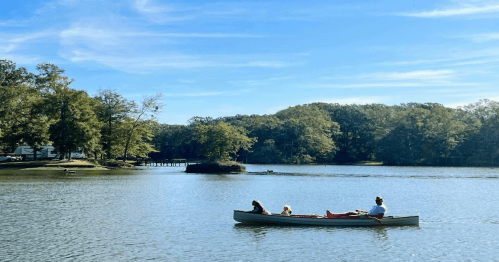 Three people in a canoe on a calm lake, surrounded by trees and a clear blue sky.