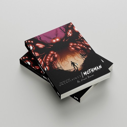 Two stacked books titled "Mothman" with a dark, eerie cover featuring a figure and glowing eyes in a forest.