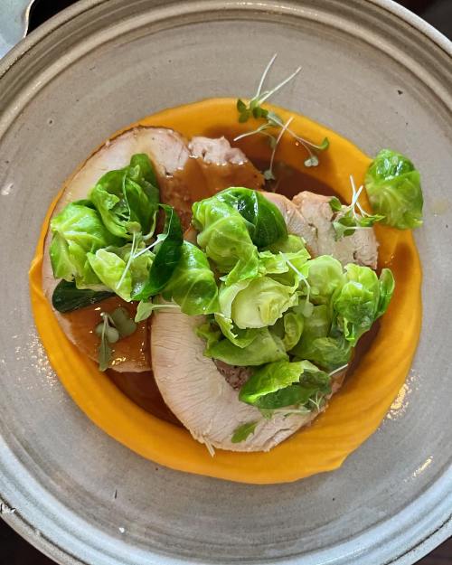 A bowl of sliced chicken on a bed of orange puree, topped with fresh greens and sprouts.