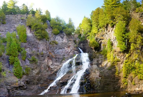 A scenic waterfall cascading down rocky cliffs, surrounded by lush green trees under a clear blue sky.