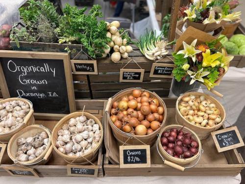 A display of organically grown vegetables and flowers, including garlic, onions, and herbs, in wooden baskets.