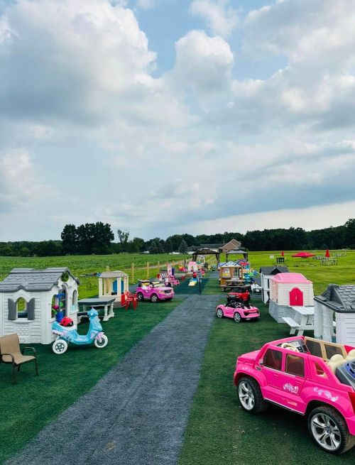 A colorful play area with toy houses and cars, set on a grassy path under a cloudy sky.