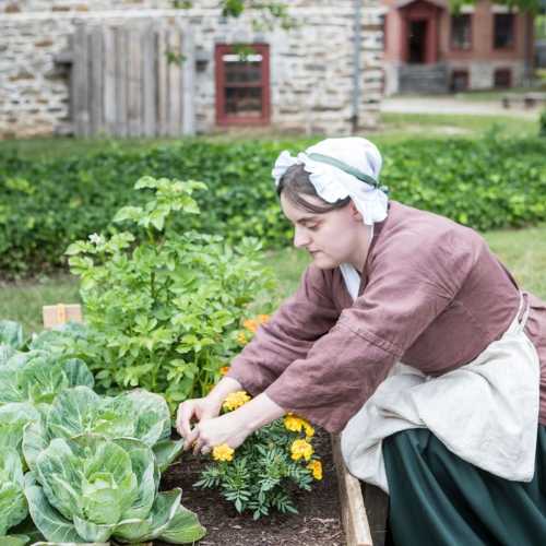 A woman in historical attire tends to a vegetable garden, surrounded by greenery and flowers.