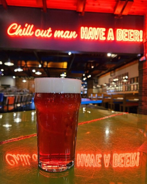 A glass of beer with a frothy head sits on a table, reflecting a neon sign that says, "Chill out man HAVE A BEER!"