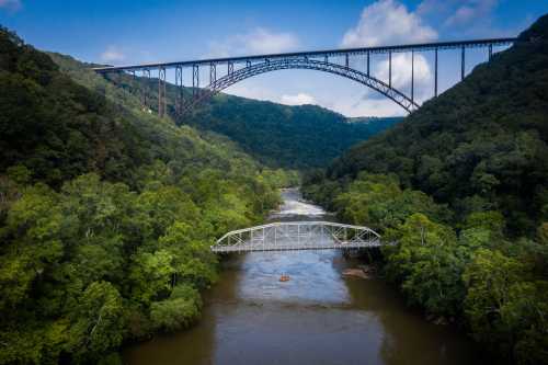 Aerial view of a river surrounded by lush greenery, with two bridges spanning the water under a blue sky.