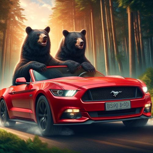 Two bears sitting in a red convertible car, driving through a forest with sunlight filtering through the trees.