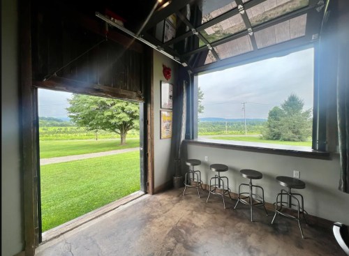 View from an open garage door overlooking a green landscape with trees and a vineyard in the distance.