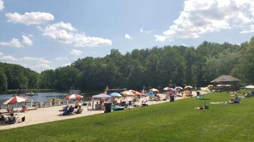 A sunny beach scene with umbrellas, people lounging on the sand, and a wooded area in the background.