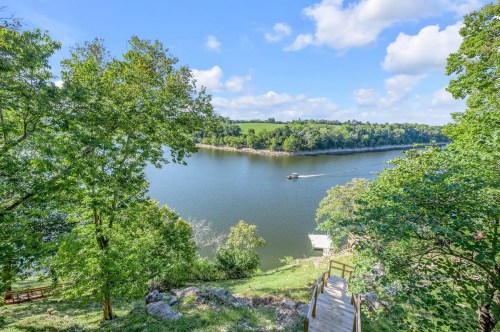 A serene river view surrounded by lush greenery, with a boat gliding across the water under a blue sky.