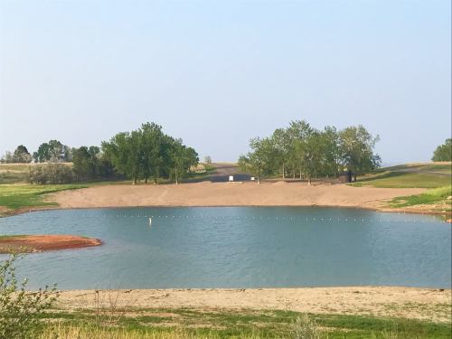 A serene pond surrounded by sandy shores and green trees under a clear sky.