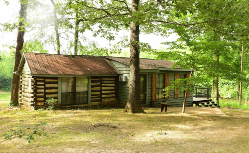 A rustic log cabin surrounded by trees, featuring a metal roof and a small porch. Sunlight filters through the foliage.
