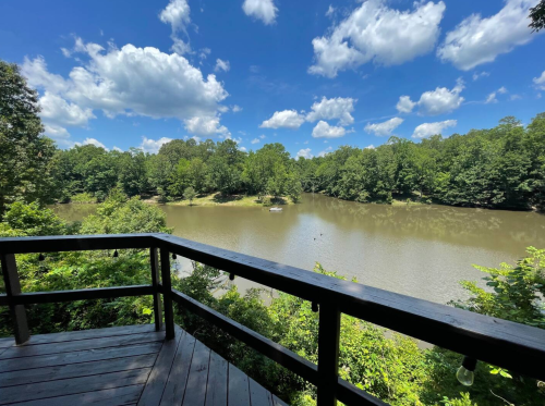 A scenic view of a river surrounded by lush green trees under a bright blue sky with fluffy white clouds.
