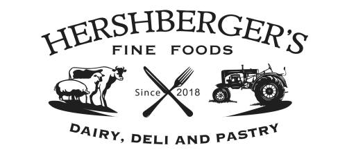 Logo for Hershberger's Fine Foods featuring a cow, sheep, fork, and tractor, emphasizing dairy, deli, and pastry since 2018.