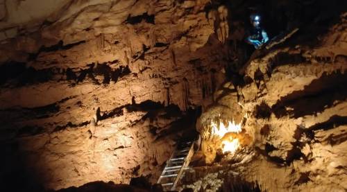 A dimly lit cave with rock formations, a person in a helmet sits on a ledge, and a wooden ladder leans against the wall.