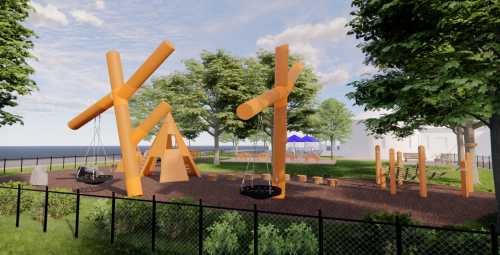 A modern playground featuring orange structures, swings, and climbing elements, surrounded by trees and a fence.