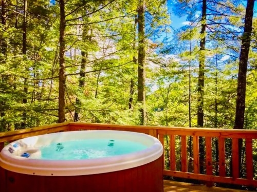A hot tub on a wooden deck surrounded by lush green trees and a bright blue sky.