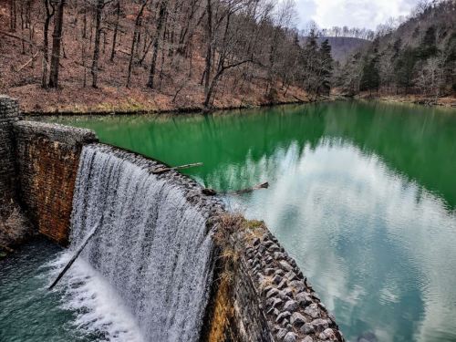 A serene waterfall cascades into a green lake, surrounded by bare trees and a cloudy sky.