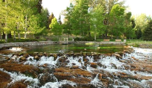 A serene park scene featuring a flowing stream, lush green trees, and benches by a tranquil pond.