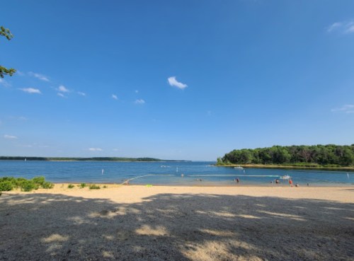 A serene beach scene with clear blue water, sandy shore, and trees under a bright blue sky. People enjoy the water.