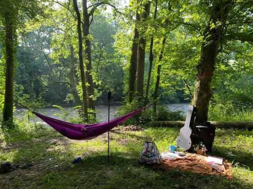 A serene riverside scene with a purple hammock, picnic items, and a guitar surrounded by lush green trees.