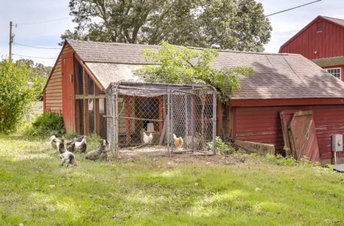 A red barn with a chicken coop surrounded by grass and several chickens roaming nearby.