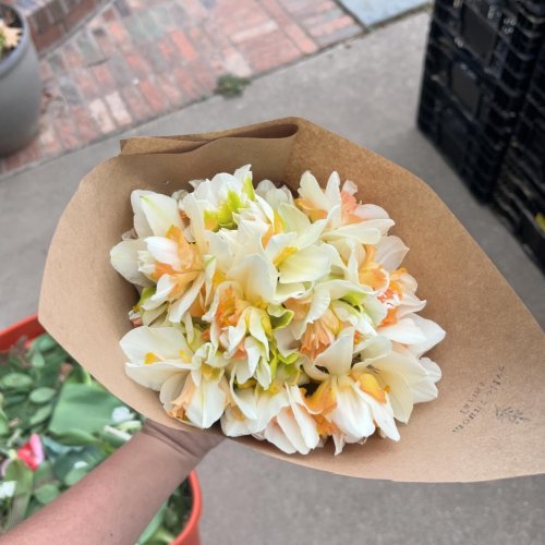 A hand holding a bouquet of white and peach flowers wrapped in brown paper.