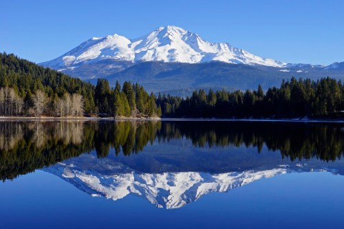 Snow-capped mountains reflect in a calm lake, surrounded by lush green trees under a clear blue sky.