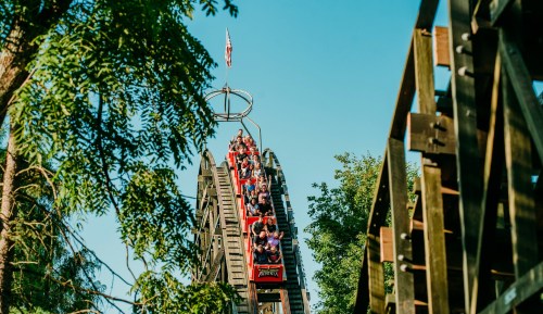 A roller coaster climbs high against a clear blue sky, with riders enjoying the thrill. Trees frame the scene.