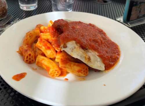 A plate of rigatoni pasta topped with marinara sauce and a piece of breaded chicken.
