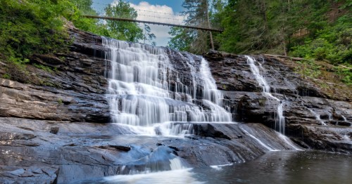 Cane Creek Cascades in Fall Creek Falls State Park, showing white water cascading down a wide stretch of rocks.