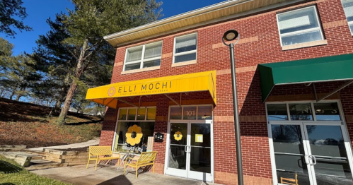 Exterior of Elli Mochi, a shop with a bright yellow awning and flower logo, surrounded by trees and blue sky.