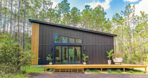 Modern black house with wooden accents, surrounded by tall trees and a wooden deck with plants in front.