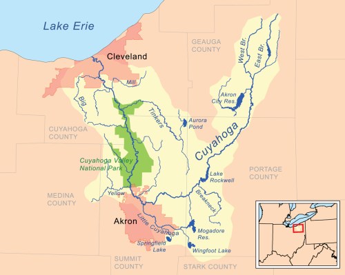 Map of the Cuyahoga River watershed, highlighting Cuyahoga Valley National Park and surrounding areas in Ohio.