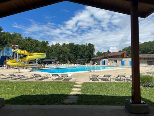 A sunny outdoor pool area with a water slide, lounge chairs, and a grassy area, surrounded by trees.