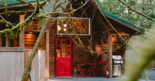 A cozy wooden cabin with a red door and outdoor seating, surrounded by trees and greenery.