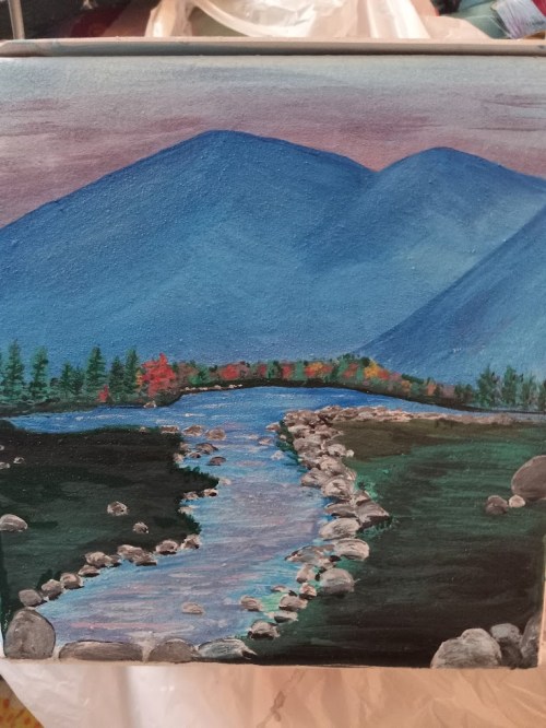 A serene landscape painting featuring a river winding through mountains, with trees and colorful foliage in the foreground.