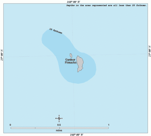 Map of Gardner Pinnacles showing depths less than 20 fathoms, with scale and orientation indicators.