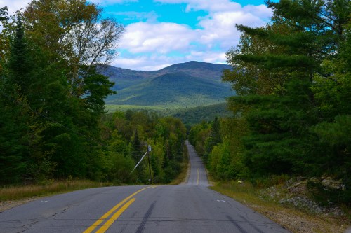 A winding road leads through lush green trees towards distant mountains under a partly cloudy sky.