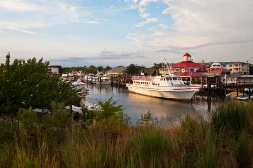 A scenic marina with boats docked, surrounded by greenery and colorful buildings under a partly cloudy sky.