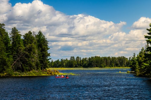 Two people kayak on a calm lake surrounded by lush green trees and a blue sky with fluffy clouds.