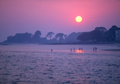 A serene beach at sunset, with silhouettes of people walking along the shore against a vibrant purple sky.
