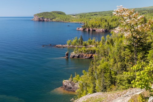 Scenic view of a calm lake surrounded by lush green trees and rocky shores under a clear blue sky.
