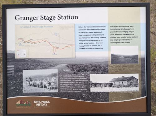 Sign about Granger Stage Station, detailing its history and significance on the Overland Trail, with a map and images.