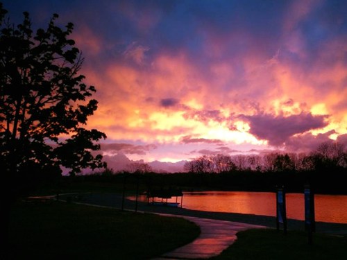 A vibrant sunset over a calm lake, with colorful clouds and silhouettes of trees along the shore.